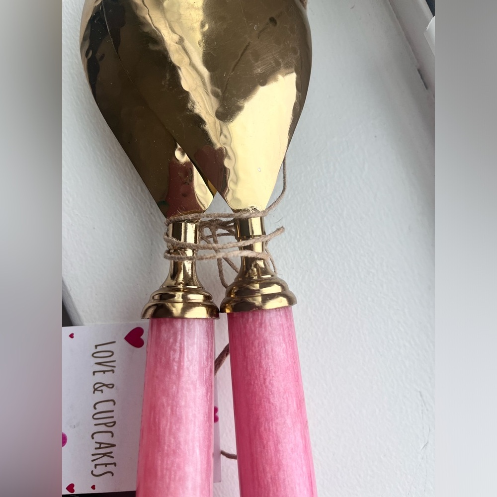 Copper Salad Serving Set Fork/Spoon w/Pink Acrylic Handle with tag on